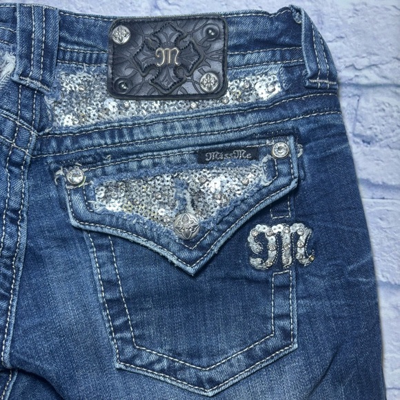 Miss Me Jeans Mid Rise Easy Boot Metallic Embellished Rhinestones Curvy Blue 29 - Picture 4 of 16